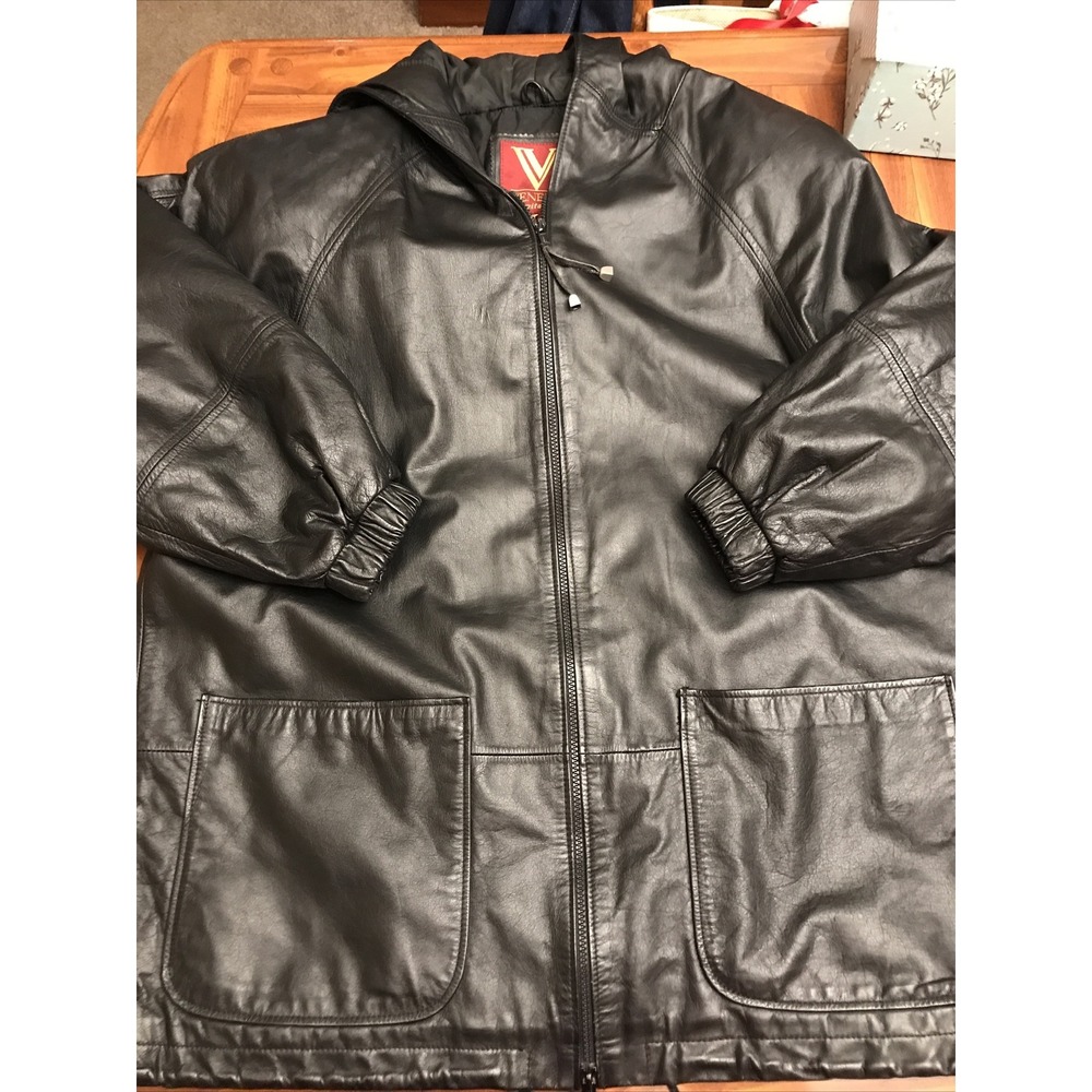 Vintage Venezia Womens 14/16 Hooded Leather Coat Jacket